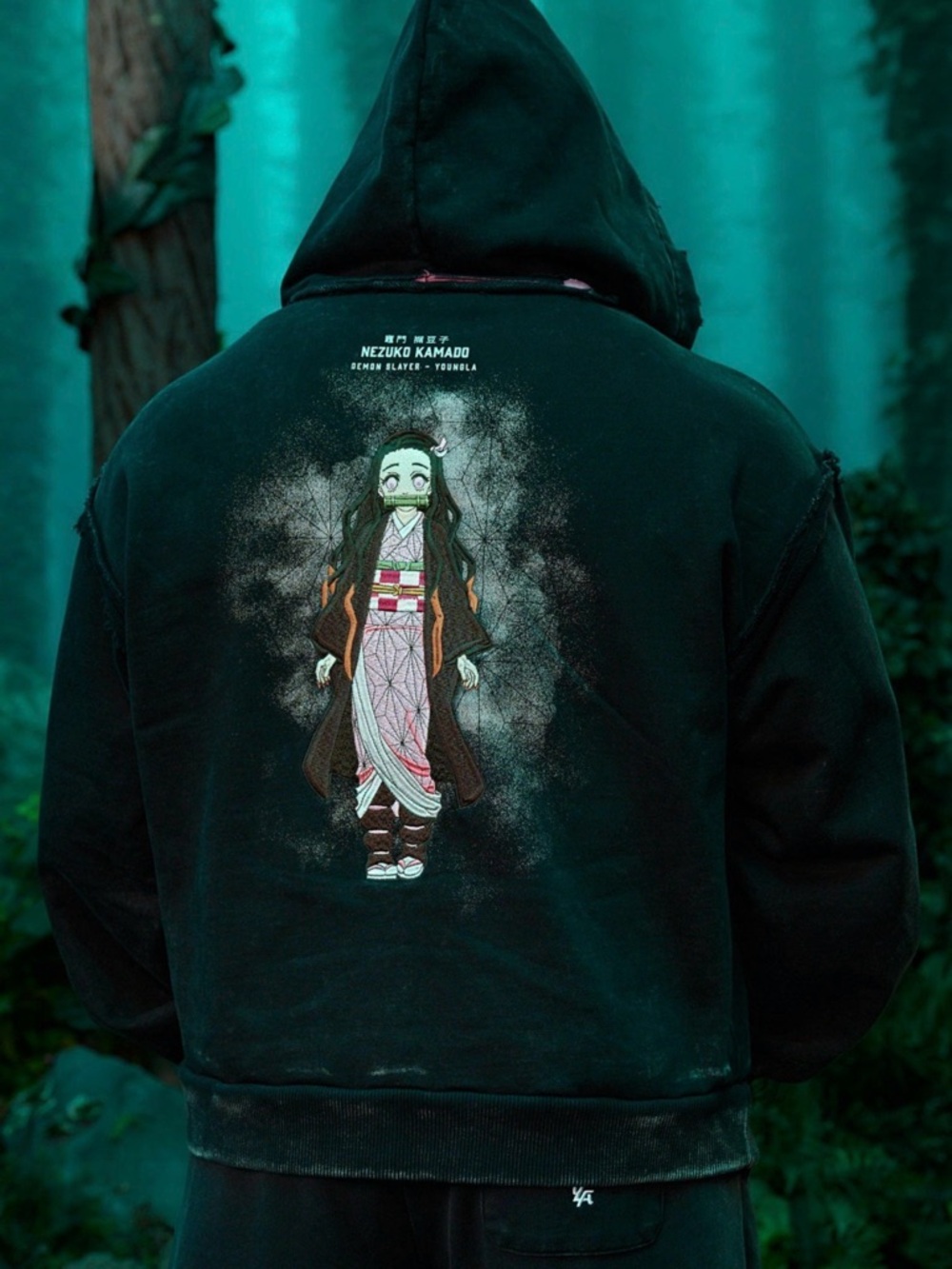 YoungLA Black Puffer Hoodie with Pink Lining and Anime Back Graphic - Picture 3 of 3